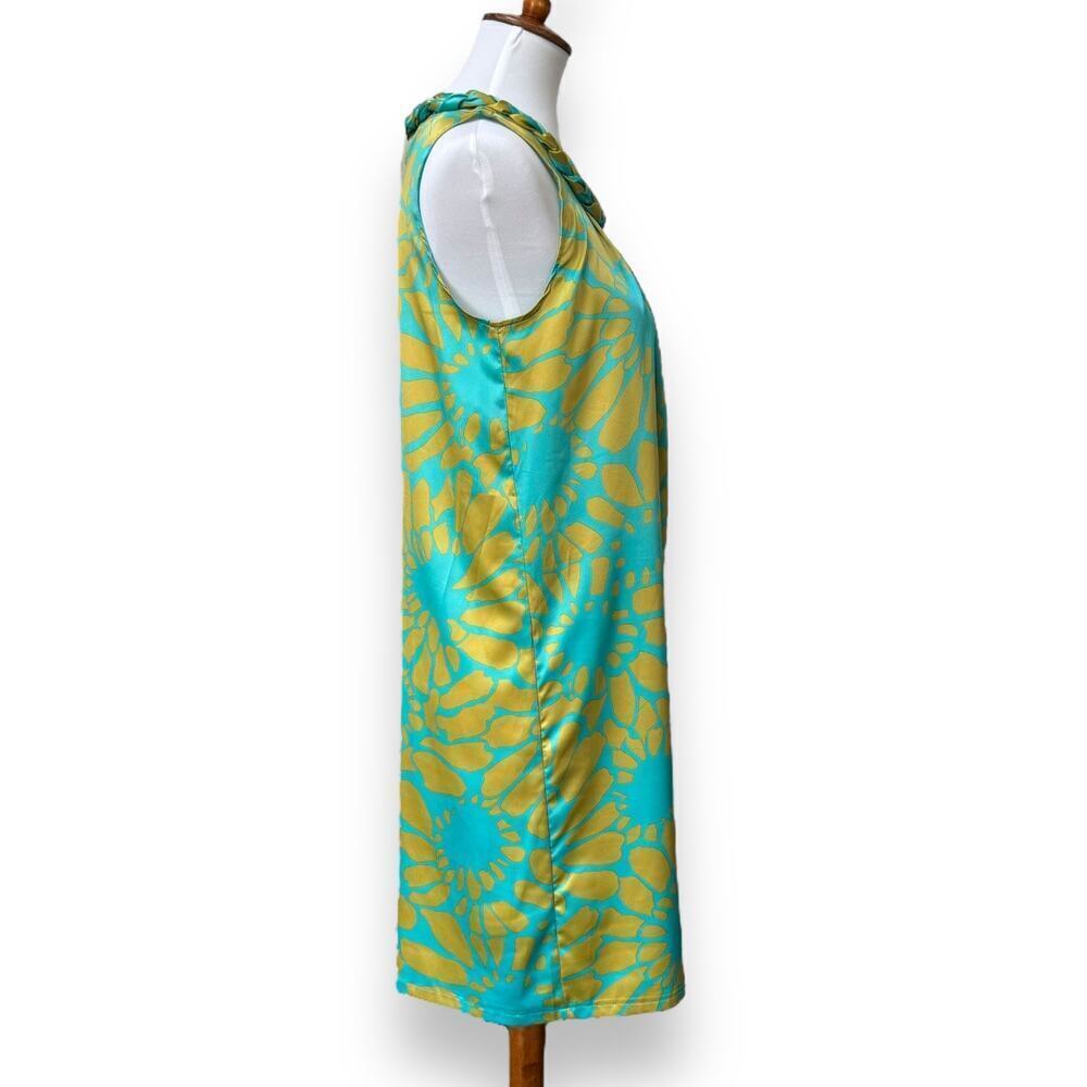 Tracy Negoshian Aqua Chartreuse Flower Satin Sleeveless Shift Dress Size MEDIUM - Picture 4 of 12